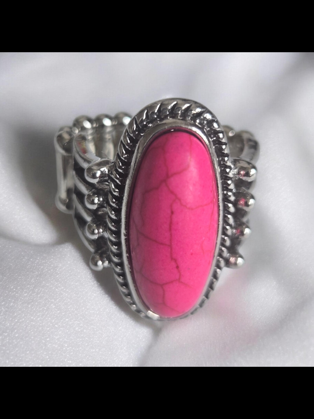 Silver-Tone Ring with Oval Pink Stone
